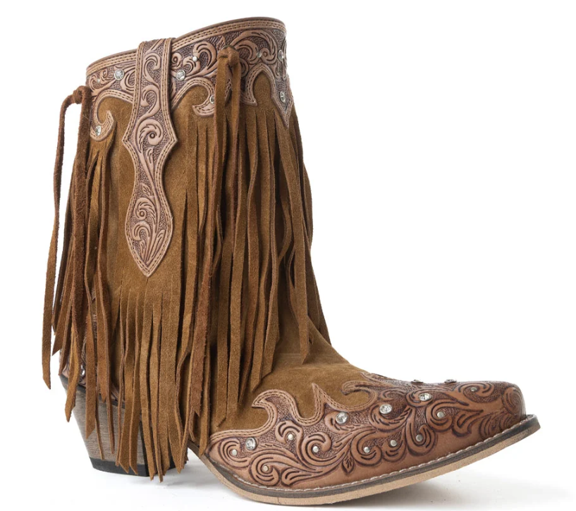 Goldrush Gleam Fringed Handtooled Leather Boots in Dusty Oak